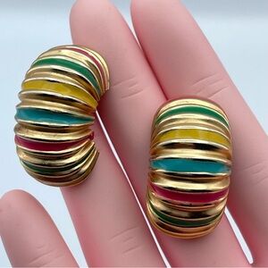 Vintage Gay Boyer Gold Tone Striped Enamel Hoop Earrings 1980s